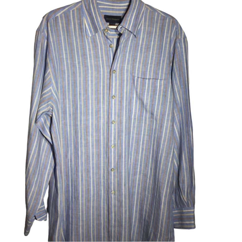 SCOTT BARBER sz Medium Shirt Linen Long Sleeve Button Up Striped Neutral Blue +